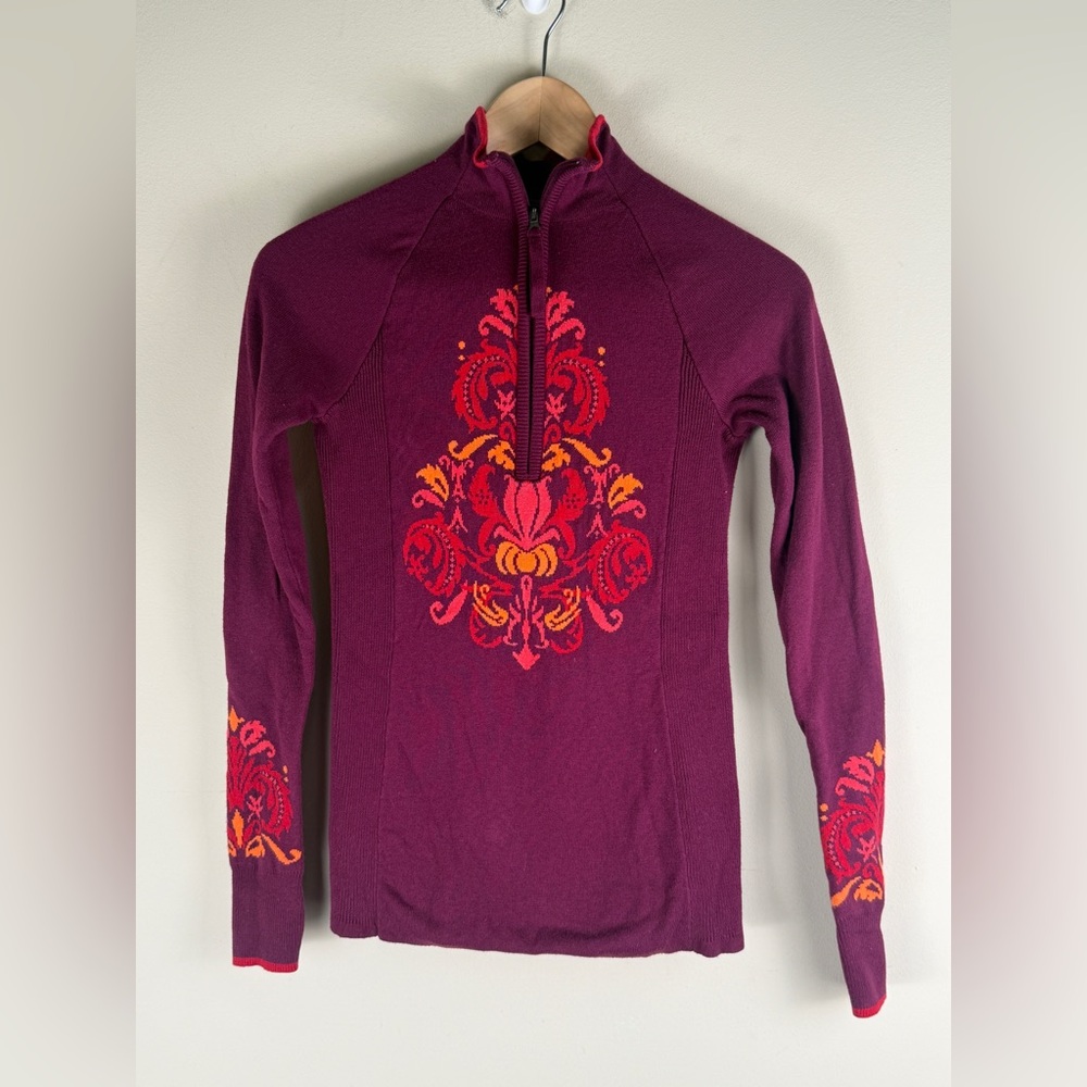 ATHLETA Stoked Nordic Printed 1/4 Zip Pullover Sweater Thumbholes SZ. XXS Soft